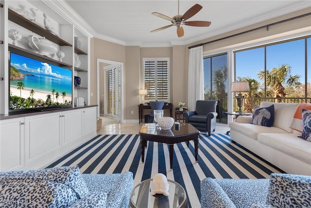 living room featuring crown molding and ceiling fan