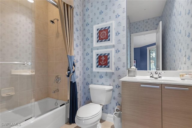 full bathroom featuring shower / tub combo with curtain, vanity, and toilet