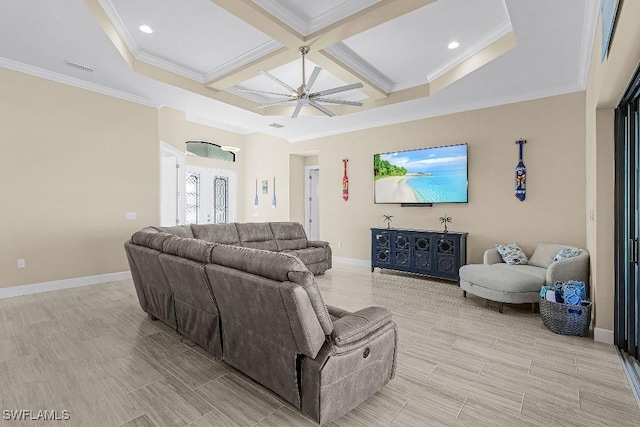 living room with beam ceiling, ornamental molding, ceiling fan, and coffered ceiling