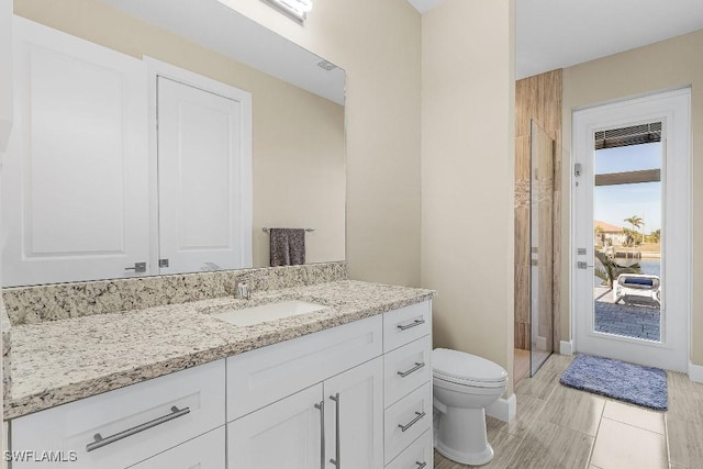 bathroom featuring a shower, plenty of natural light, vanity, and toilet