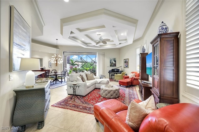 tiled living room featuring ceiling fan with notable chandelier, crown molding, beam ceiling, and coffered ceiling