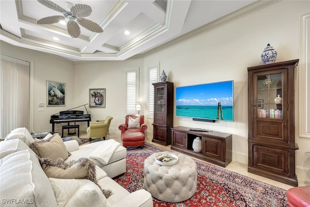 living room with ceiling fan, ornamental molding, beamed ceiling, and coffered ceiling