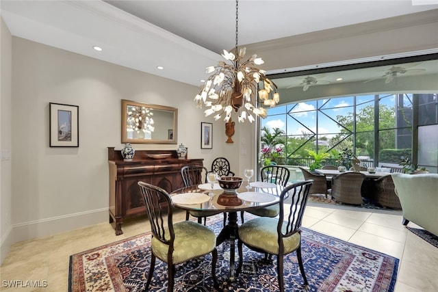 dining area with crown molding, a notable chandelier, and light tile patterned flooring