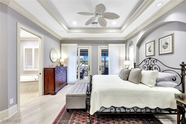 bedroom featuring ceiling fan, access to outside, ornamental molding, and a raised ceiling