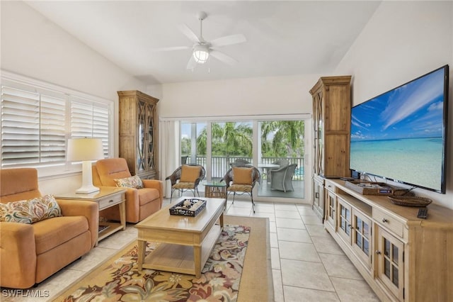 living room with light tile patterned floors and ceiling fan