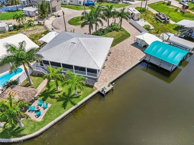 aerial view featuring a water view