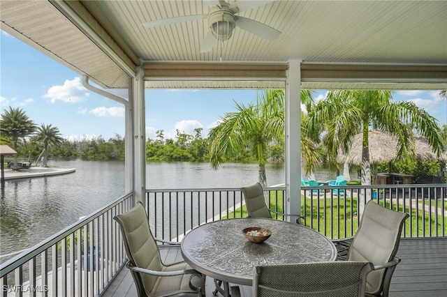 exterior space with ceiling fan and a water view