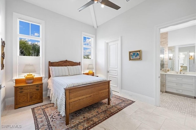 tiled bedroom featuring ceiling fan, ensuite bathroom, and high vaulted ceiling