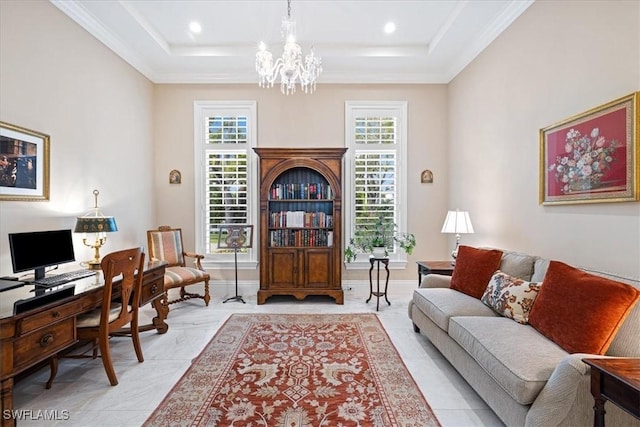 home office featuring a healthy amount of sunlight, an inviting chandelier, and a tray ceiling