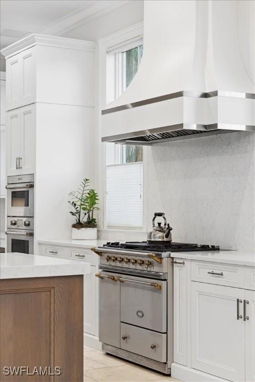 kitchen featuring white cabinets, custom exhaust hood, stainless steel appliances, and tasteful backsplash