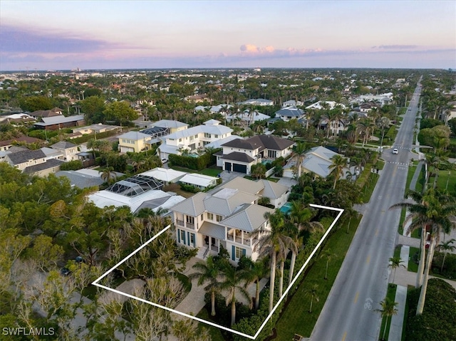 view of aerial view at dusk