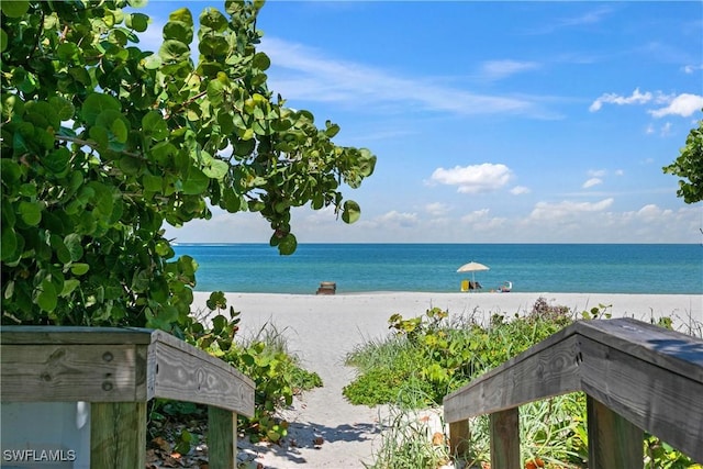 property view of water featuring a beach view