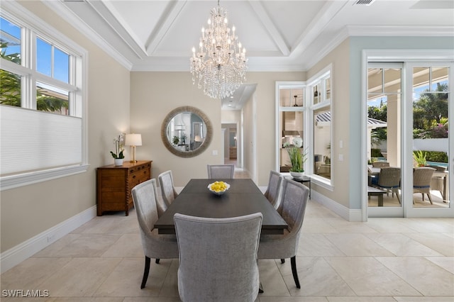 dining space with beamed ceiling, a chandelier, ornamental molding, and coffered ceiling