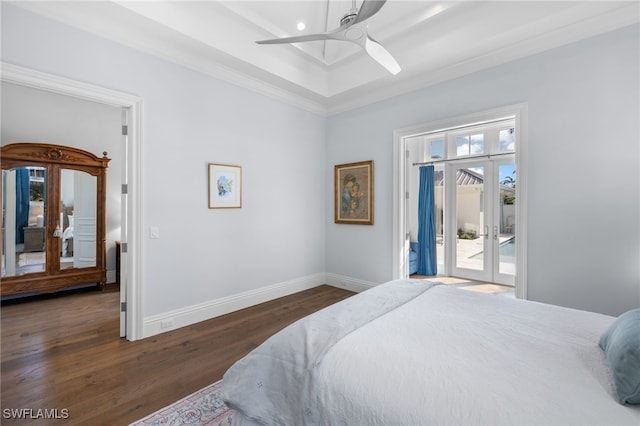 bedroom with access to exterior, multiple windows, ceiling fan, and ornamental molding