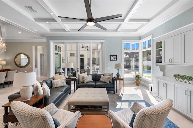 living room with beam ceiling, ornamental molding, and coffered ceiling