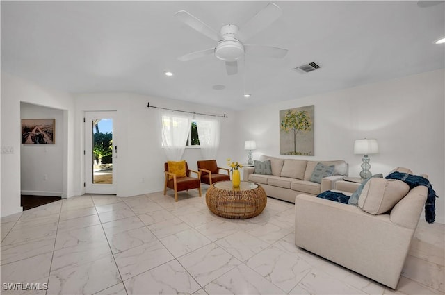 living room with ceiling fan