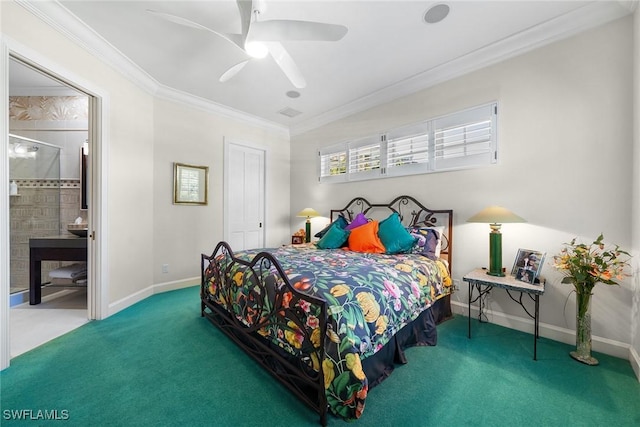 bedroom featuring carpet flooring, ensuite bath, ceiling fan, and ornamental molding