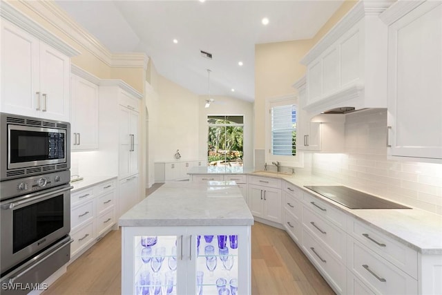 8723 La Palma Ln, Naples, FL 34108 - kitchen with stainless steel appliances, a warming drawer, backsplash, light wood-type flooring, and lofted ceiling
