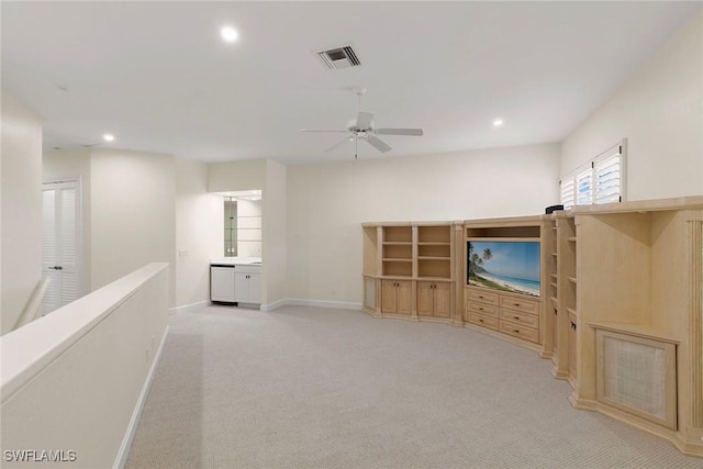8723 La Palma Ln, Naples, FL 34108 - unfurnished living room featuring a ceiling fan, light carpet, and recessed lighting
