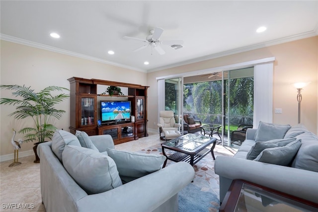 living room featuring ceiling fan and crown molding