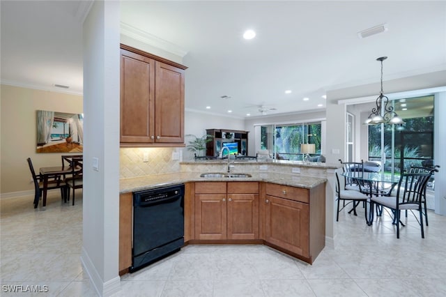 kitchen with light stone countertops, dishwasher, sink, ceiling fan with notable chandelier, and ornamental molding