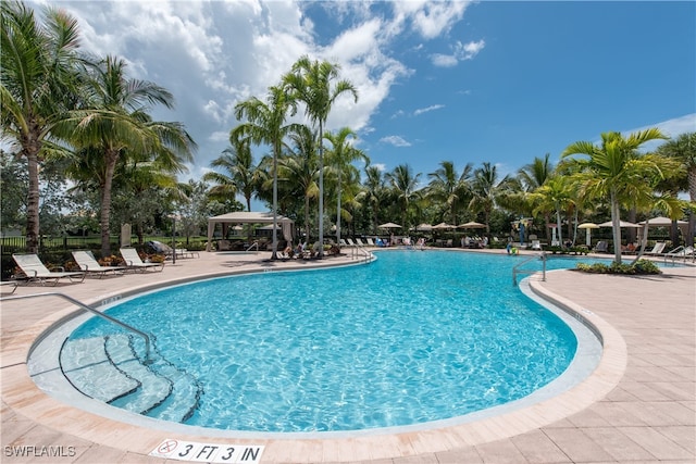 view of swimming pool featuring a patio area