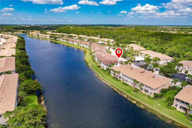 drone / aerial view featuring a water view