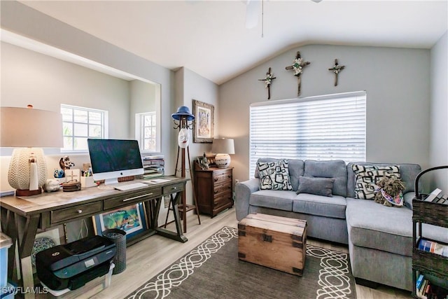 living room with light hardwood / wood-style floors and lofted ceiling