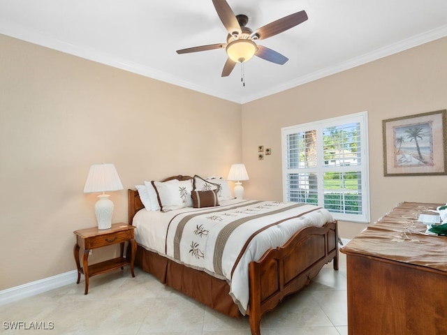 tiled bedroom featuring ceiling fan and crown molding