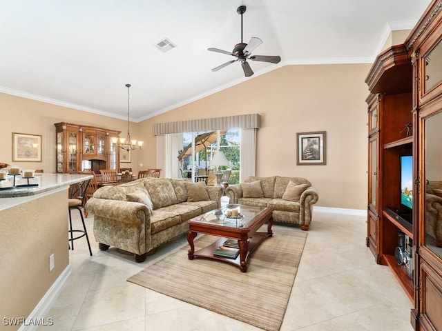 tiled living room featuring ceiling fan with notable chandelier, crown molding, and lofted ceiling