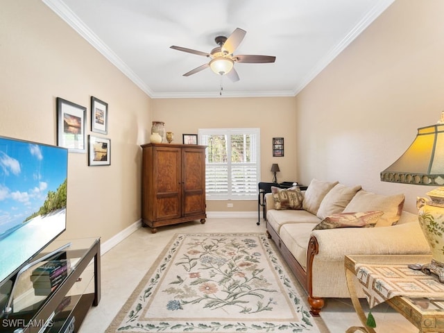 living room featuring ceiling fan and ornamental molding