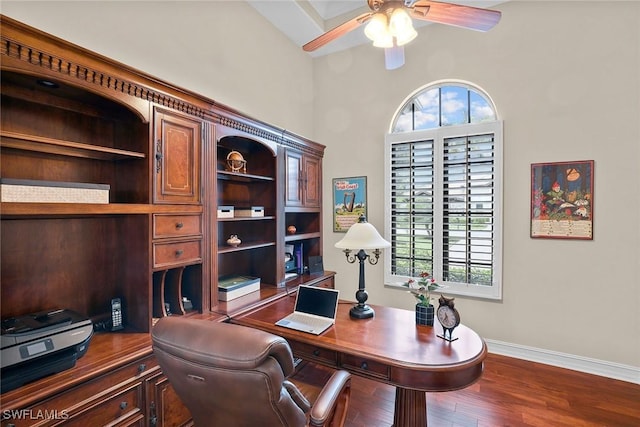 office space with hardwood / wood-style flooring and ceiling fan