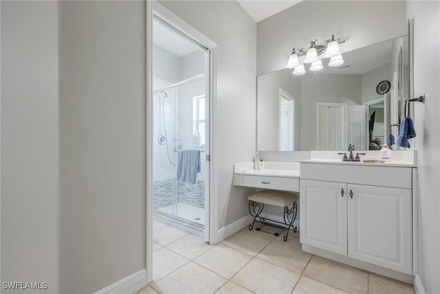 bathroom with tile patterned flooring, vanity, and walk in shower