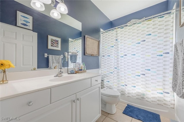 full bathroom with tile patterned flooring, vanity, toilet, and shower / tub combo with curtain