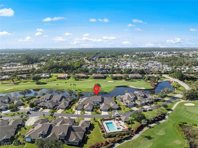 birds eye view of property featuring a residential view, a water view, and golf course view