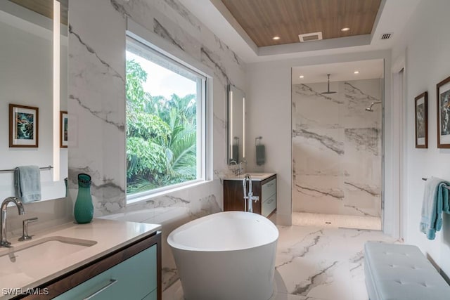 bathroom featuring wood ceiling, vanity, independent shower and bath, and a raised ceiling