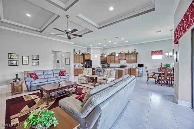 living room with coffered ceiling, ceiling fan, ornamental molding, light tile patterned floors, and beamed ceiling