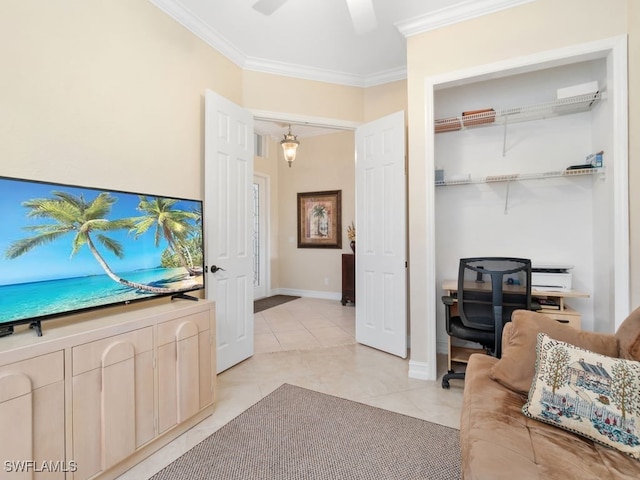 tiled living room with ceiling fan and ornamental molding