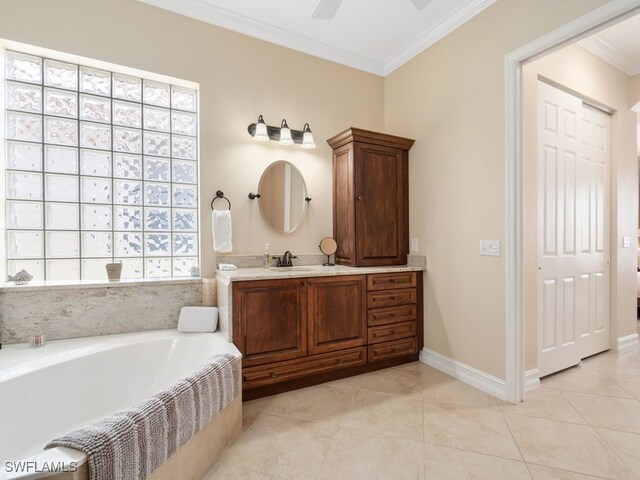 bathroom featuring vanity, tile patterned floors, ceiling fan, and crown molding