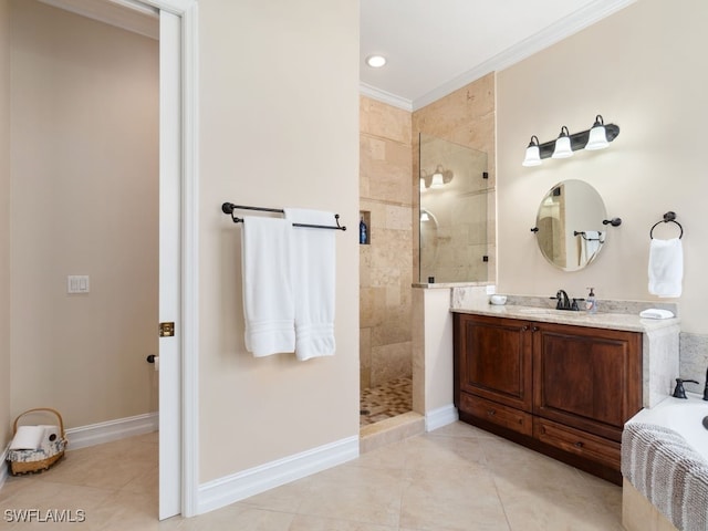 bathroom featuring crown molding, tile patterned flooring, vanity, and tiled shower