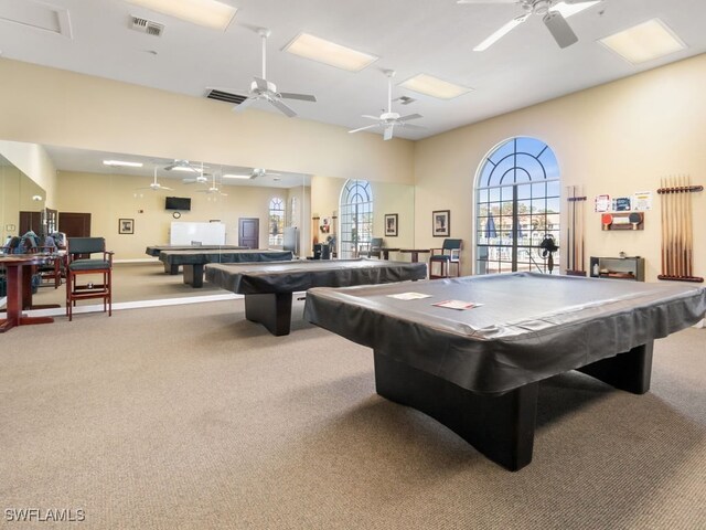 playroom with carpet flooring, ceiling fan, and pool table