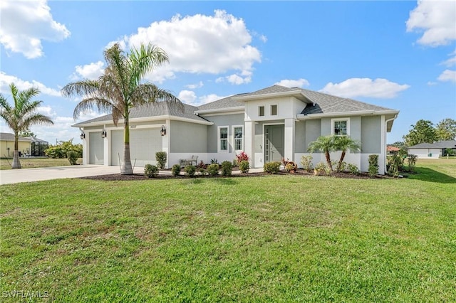 view of front facade featuring a garage, stucco siding, concrete driveway, and a front yard