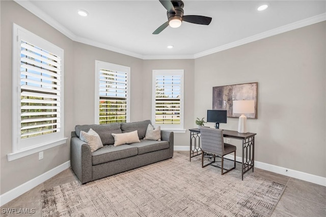 office with ceiling fan and ornamental molding