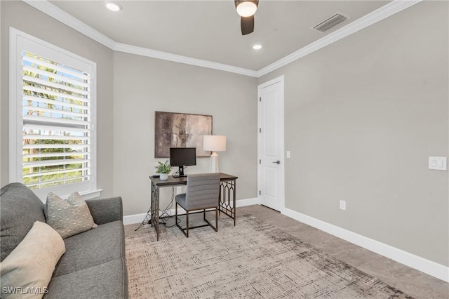 office featuring ceiling fan and crown molding