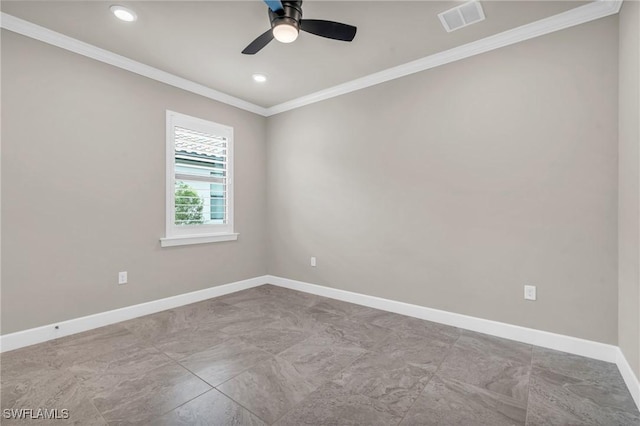 unfurnished room with ceiling fan and crown molding