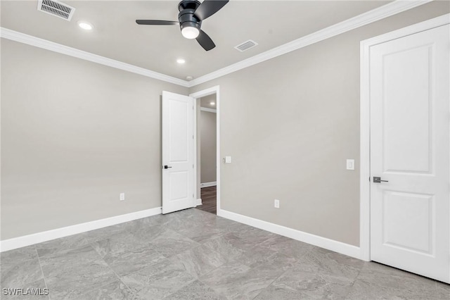 unfurnished bedroom with ceiling fan and ornamental molding