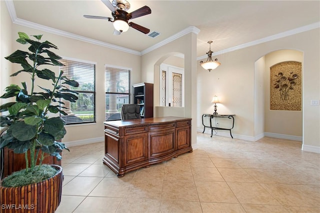 office featuring light tile patterned floors, ornamental molding, and ceiling fan