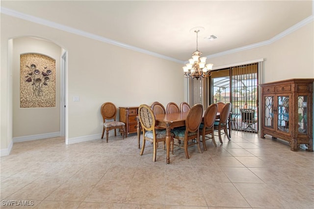 dining room featuring light tile patterned floors, an inviting chandelier, and ornamental molding