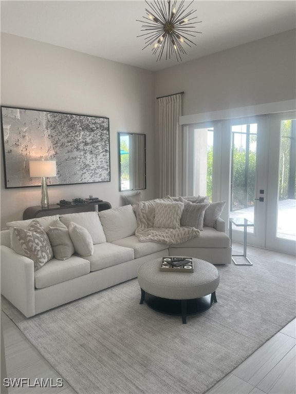 living room with a chandelier