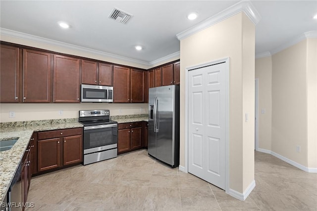 kitchen with dark brown cabinetry, light stone countertops, sink, stainless steel appliances, and ornamental molding